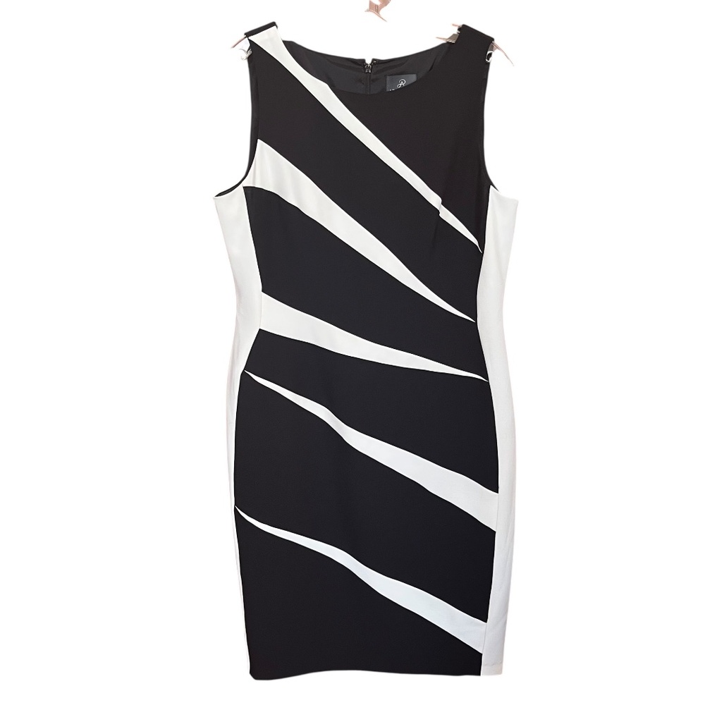 Adrianna Papell Black & White Stripe Slimming Side Panel Sheath Dress Size 14